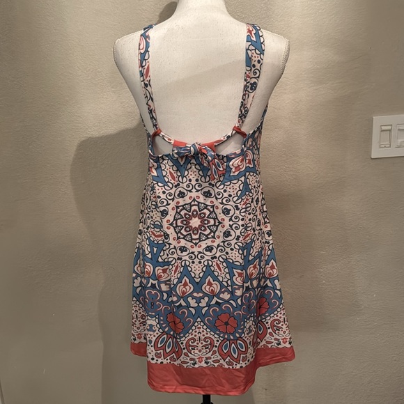 Cute sundress in stretchy slinky Orange Blue cream Mandala poly spandex New! - Picture 3 of 13